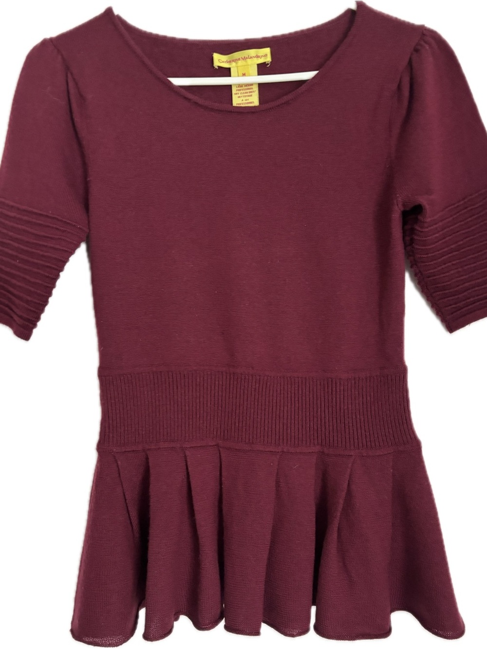 Catherine Malandrino Merino Wool Burgundy Peplum Knit Top Lightweight Size M